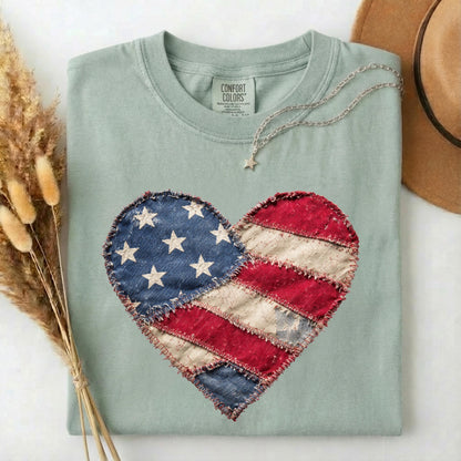 American Flag Heart Comfort Colors Shirt, Patriotic Patchwork Tee, 4th of July Heart Tshirt, Vintage USA Flag Tee, Boho Patriotic Women Gift