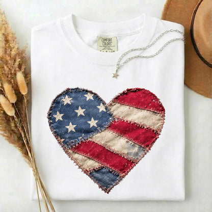 American Flag Heart Comfort Colors Shirt, Patriotic Patchwork Tee, 4th of July Heart Tshirt, Vintage USA Flag Tee, Boho Patriotic Women Gift