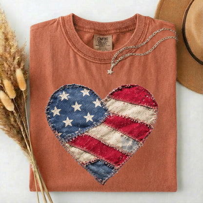 American Flag Heart Comfort Colors Shirt, Patriotic Patchwork Tee, 4th of July Heart Tshirt, Vintage USA Flag Tee, Boho Patriotic Women Gift