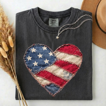 American Flag Heart Comfort Colors Shirt, Patriotic Patchwork Tee, 4th of July Heart Tshirt, Vintage USA Flag Tee, Boho Patriotic Women Gift