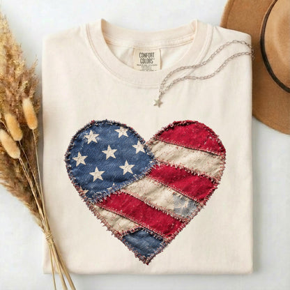 American Flag Heart Comfort Colors Shirt, Patriotic Patchwork Tee, 4th of July Heart Tshirt, Vintage USA Flag Tee, Boho Patriotic Women Gift