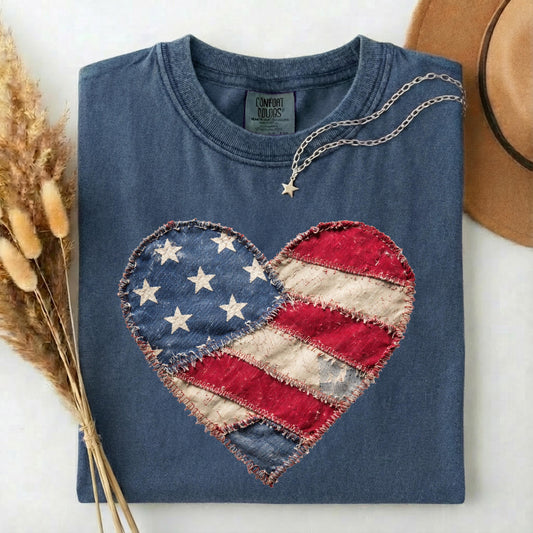 American Flag Heart Comfort Colors Shirt, Patriotic Patchwork Tee, 4th of July Heart Tshirt, Vintage USA Flag Tee, Boho Patriotic Women Gift