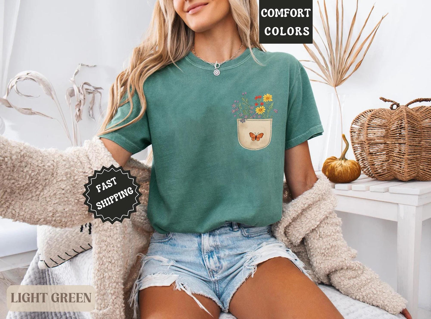 Comfort Colors® Wild Flowers Pocket Shirt, Wildflower Tshirt, Floral Shirt, Botanical Shirt, Flower Shirt, Nature Lover Shirt, Ladies Shirts