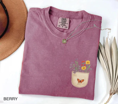 Comfort Colors® Wild Flowers Pocket Shirt, Wildflower Tshirt, Floral Shirt, Botanical Shirt, Flower Shirt, Nature Lover Shirt, Ladies Shirts