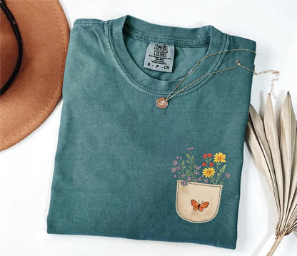 Comfort Colors® Wild Flowers Pocket Shirt, Wildflower Tshirt, Floral Shirt, Botanical Shirt, Flower Shirt, Nature Lover Shirt, Ladies Shirts