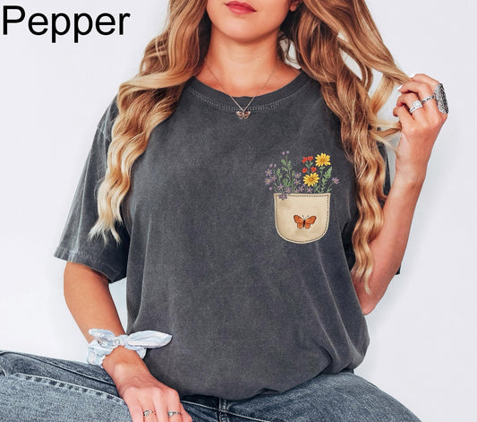 Comfort Colors® Wild Flowers Pocket Shirt, Wildflower Tshirt, Floral Shirt, Botanical Shirt, Flower Shirt, Nature Lover Shirt, Ladies Shirts