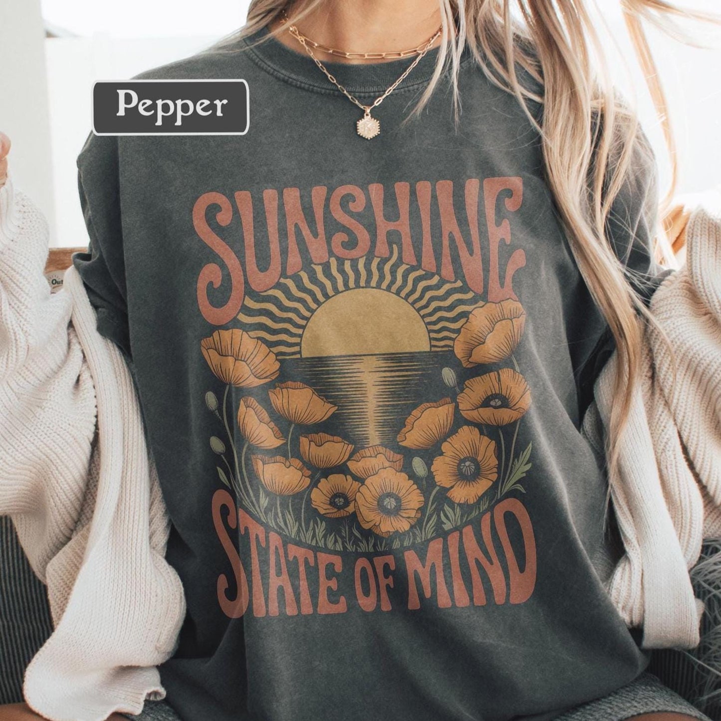 Boho Sun TShirt, Botanical Poppy Shirt, Retro Graphic Wildflowers Tee, Sunshine State of Mind Comfort Colors, Cottagecore Nature Tee