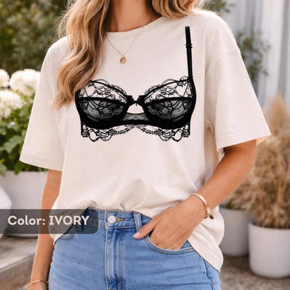 Comfort Colors Bra Shirt, Lace Lingerie Print Tee, Edgy Feminine Tshirt Women, Bold Statement Fashion Shirt, Trendy Gift for Her Tee
