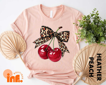 Coquette Bow Leopard Cherry Shirt, Cherry Coquette Girly T-shirt, Cherry Lover Sweatshirt, Gifts For Mom Sweater, Trendy Mom Sweatshirt