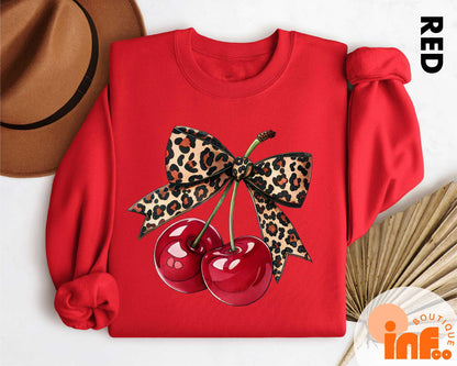 Coquette Bow Leopard Cherry Shirt, Cherry Coquette Girly T-shirt, Cherry Lover Sweatshirt, Gifts For Mom Sweater, Trendy Mom Sweatshirt