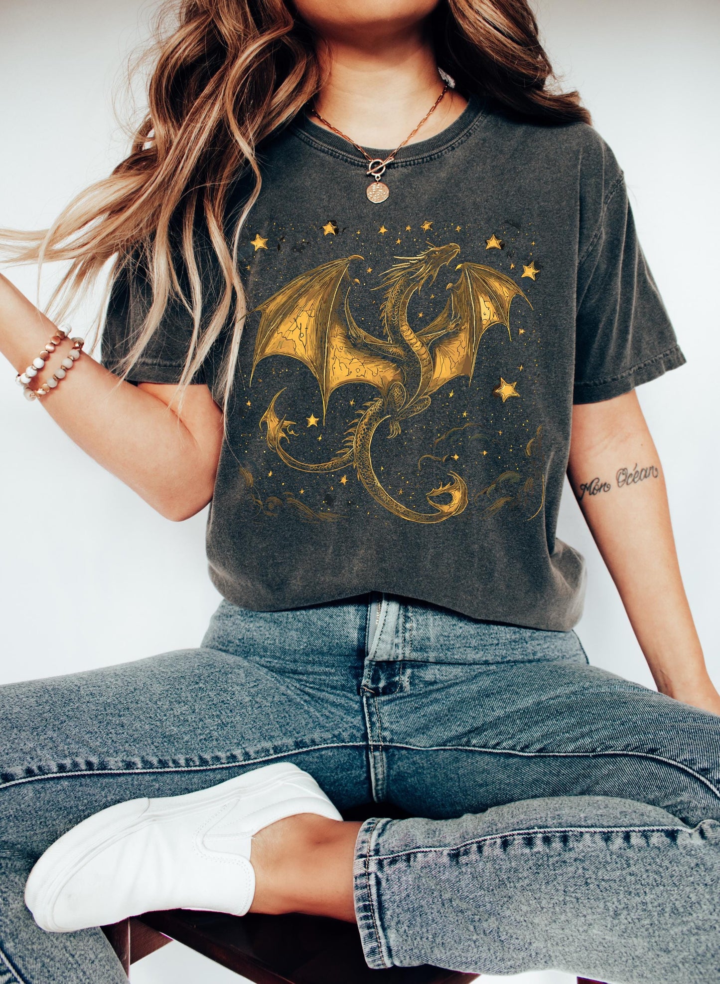 Celestial Dragon Shirt, Gold Fantasy T-Shirt, Mystic Dragon Sweatshirt, Moon Star Dragon Tee, Witchcore Gothic Clothing, Magic Creature Gift