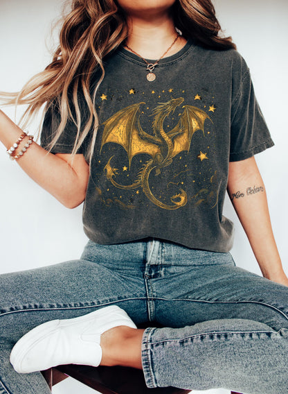 Celestial Dragon Shirt, Gold Fantasy T-Shirt, Mystic Dragon Sweatshirt, Moon Star Dragon Tee, Witchcore Gothic Clothing, Magic Creature Gift