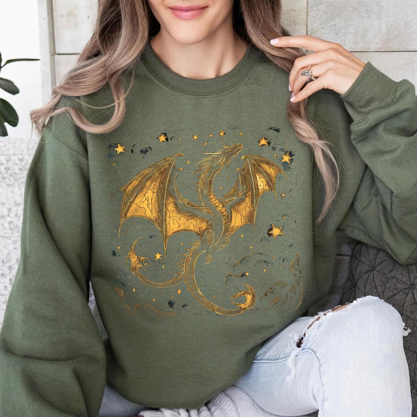Celestial Dragon Shirt, Gold Fantasy T-Shirt, Mystic Dragon Sweatshirt, Moon Star Dragon Tee, Witchcore Gothic Clothing, Magic Creature Gift