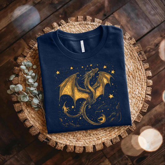 Celestial Dragon Shirt, Gold Fantasy T-Shirt, Mystic Dragon Sweatshirt, Moon Star Dragon Tee, Witchcore Gothic Clothing, Magic Creature Gift