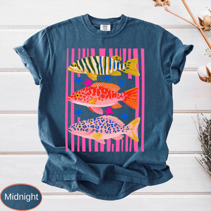 Comfort Colors Preppy Fish Shirt, Summer Vacation Tee, Girls Fishing Tshirt, Beach Vibes