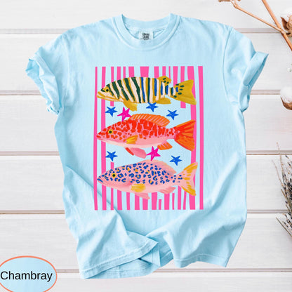 Comfort Colors Preppy Fish Shirt, Summer Vacation Tee, Girls Fishing Tshirt, Beach Vibes