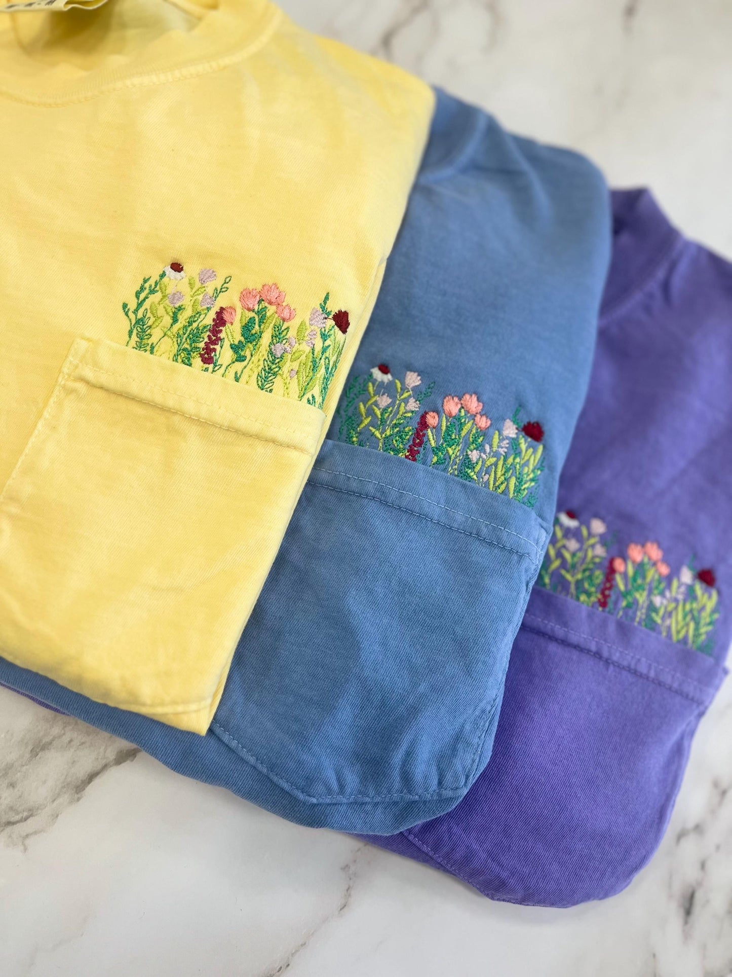 Embroidered Wildflowers Pocket Tee, Cottagecore Tshirt, Comfort Colors Pocket Tee, Flower Pocket TShirt, Embroidered Flower Shirt
