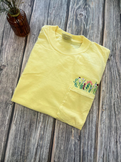 Embroidered Wildflowers Pocket Tee, Cottagecore Tshirt, Comfort Colors Pocket Tee, Flower Pocket TShirt, Embroidered Flower Shirt