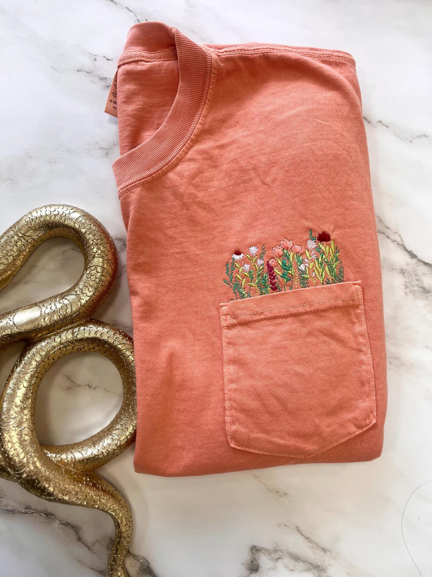 Embroidered Wildflowers Pocket Tee, Cottagecore Tshirt, Comfort Colors Pocket Tee, Flower Pocket TShirt, Embroidered Flower Shirt