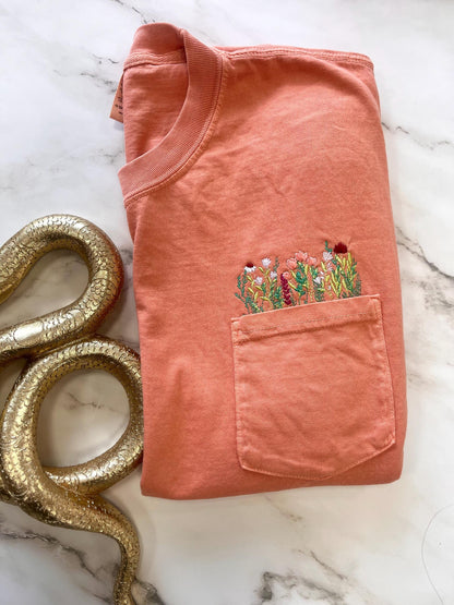 Embroidered Wildflowers Pocket Tee, Cottagecore Tshirt, Comfort Colors Pocket Tee, Flower Pocket TShirt, Embroidered Flower Shirt