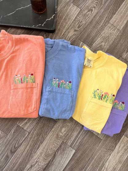 Embroidered Wildflowers Pocket Tee, Cottagecore Tshirt, Comfort Colors Pocket Tee, Flower Pocket TShirt, Embroidered Flower Shirt