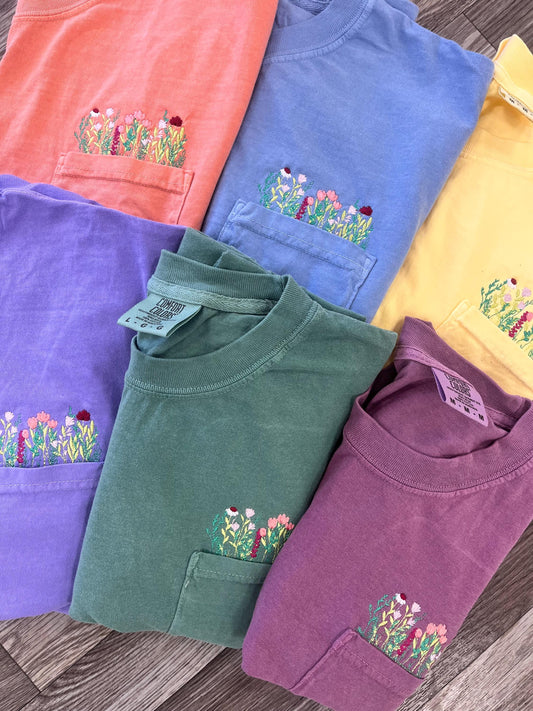 Embroidered Wildflowers Pocket Tee, Cottagecore Tshirt, Comfort Colors Pocket Tee, Flower Pocket TShirt, Embroidered Flower Shirt