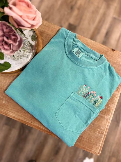 Embroidered Wildflowers Pocket Tee, Cottagecore Tshirt, Comfort Colors Pocket Tee, Flower Pocket TShirt, Embroidered Flower Shirt