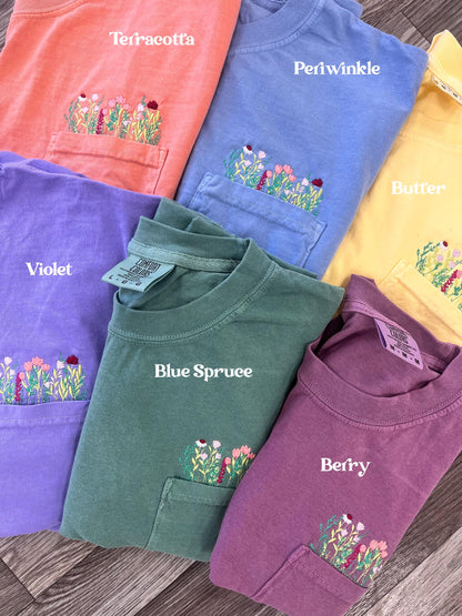 Embroidered Wildflowers Pocket Tee, Cottagecore Tshirt, Comfort Colors Pocket Tee, Flower Pocket TShirt, Embroidered Flower Shirt