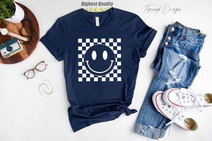 Smiley Face Shirt,Happy Face Sweatshirt,Smiley Face Checkered Shirt,Retro Shirt Women,Boho Shirt Girls,Trendy Vintage Shirt, Gift for her