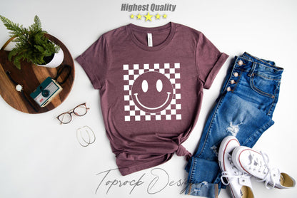 Smiley Face Shirt,Happy Face Sweatshirt,Smiley Face Checkered Shirt,Retro Shirt Women,Boho Shirt Girls,Trendy Vintage Shirt, Gift for her