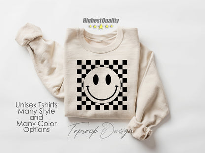 Smiley Face Shirt,Happy Face Sweatshirt,Smiley Face Checkered Shirt,Retro Shirt Women,Boho Shirt Girls,Trendy Vintage Shirt, Gift for her