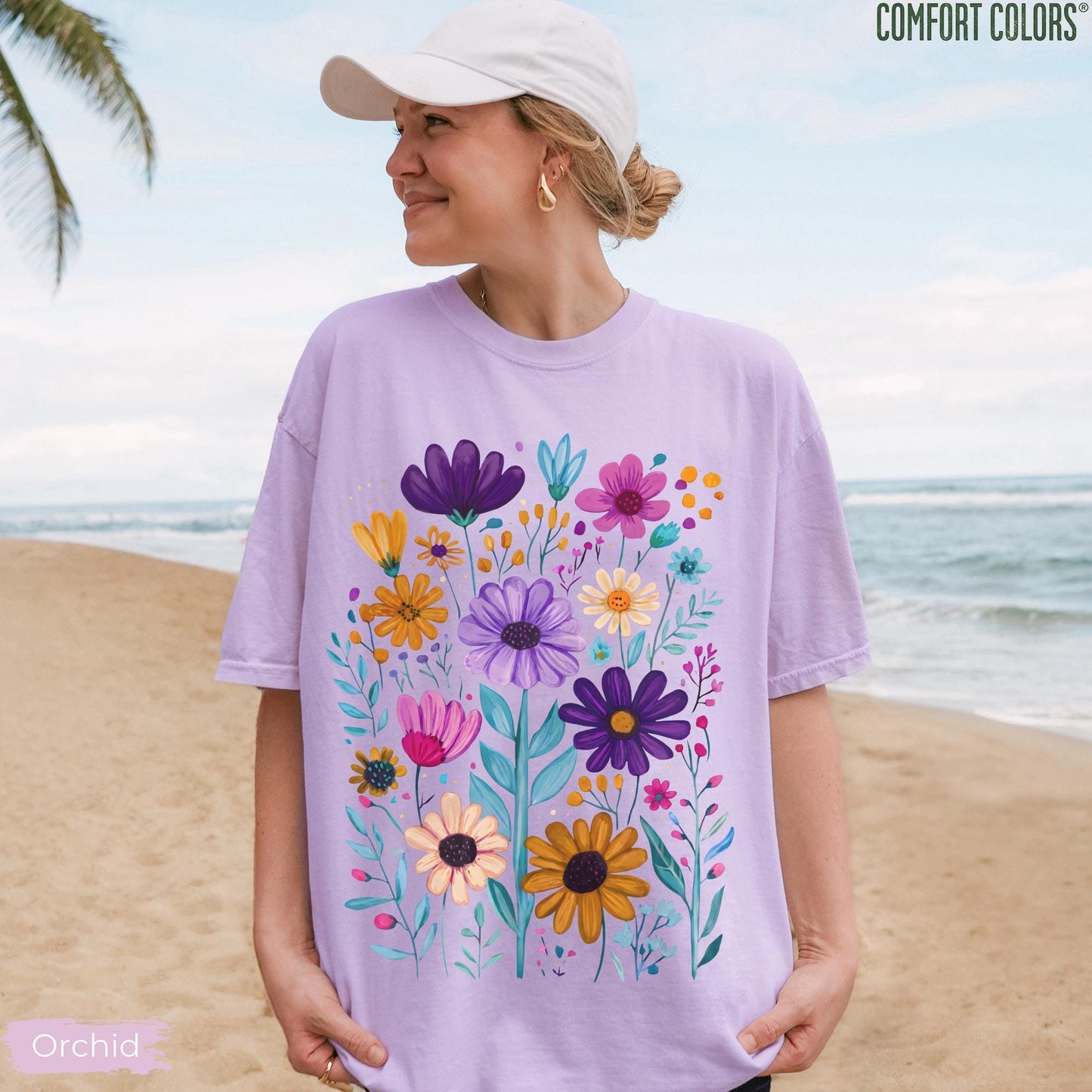 Boho Summer Floral Comfort Colors® Shirt, Retro Spring Flowers Tshirt, Summer Vibes Shirt, Wildflowers Graphic Tee, Summer Flowers Aesthetic